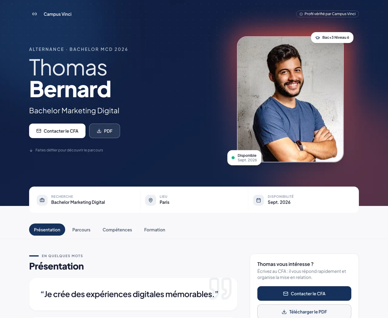Profil de démonstration vu par le recruteur